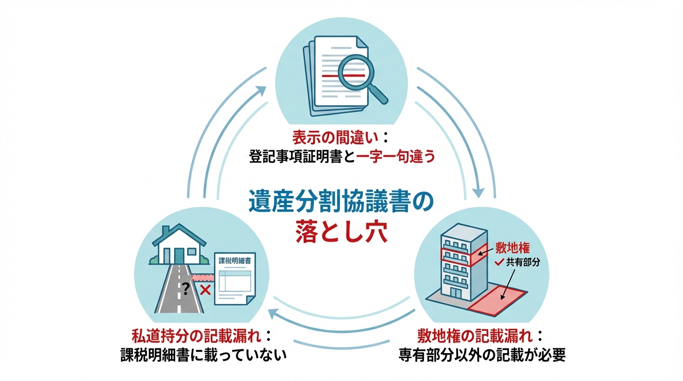 遺産分割協議書における不動産記載の3つの落とし穴を図解。表示間違い、私道持分の記載漏れ、敷地権の記載漏れについて解説している。
