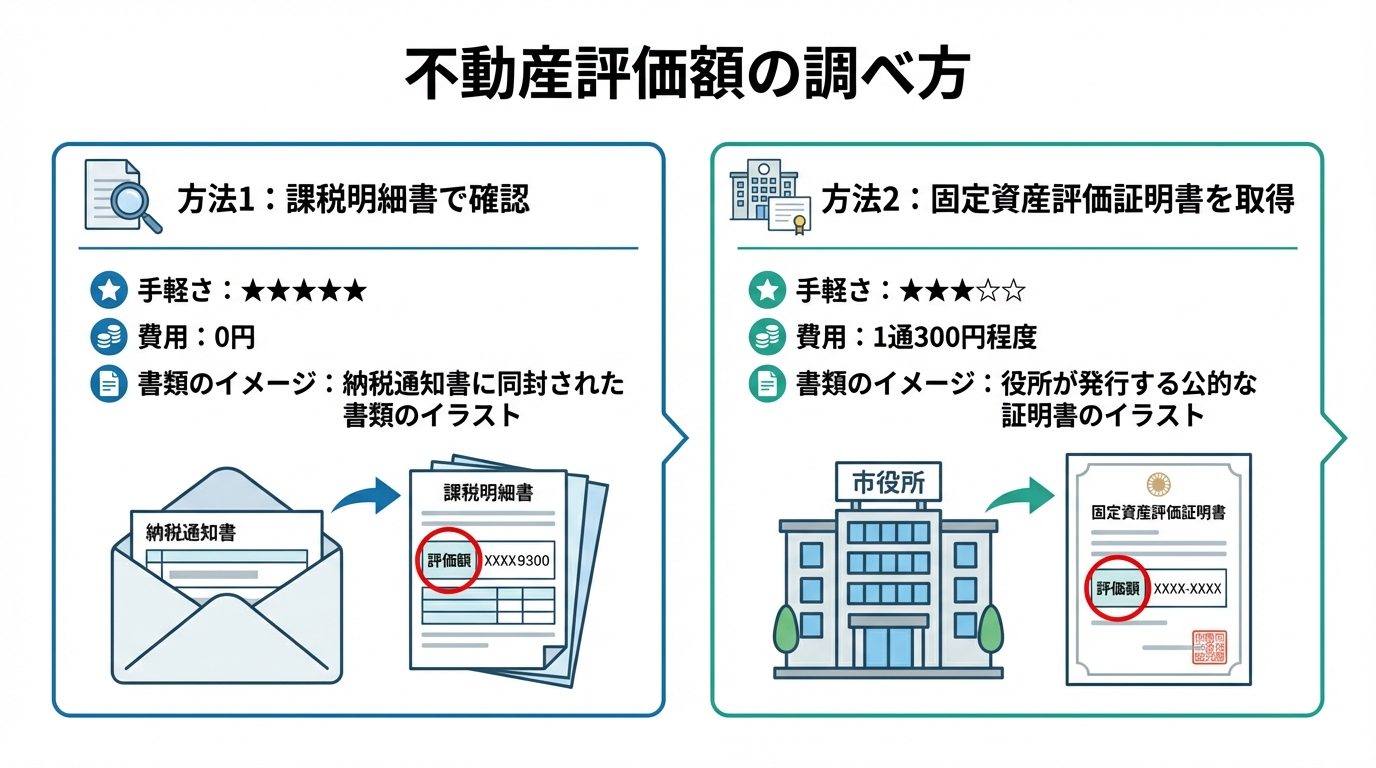 相続登記の不動産評価額を調べる2つの方法、「課税明細書」と「固定資産評価証明書」を比較した図解。