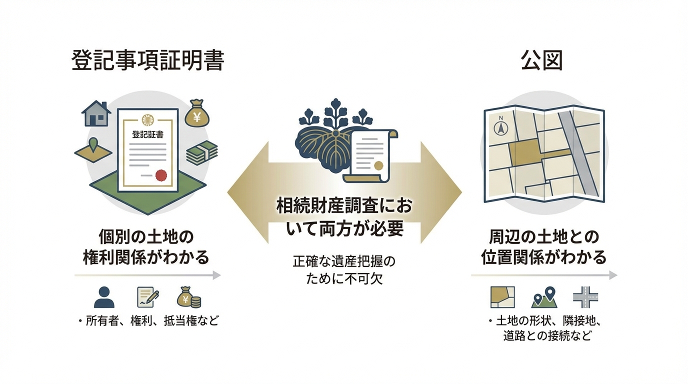 登記事項証明書と公図の役割の違いを比較した図解。登記事項証明書が個別の権利関係、公図が土地の全体像を把握するために必要であることを示している。