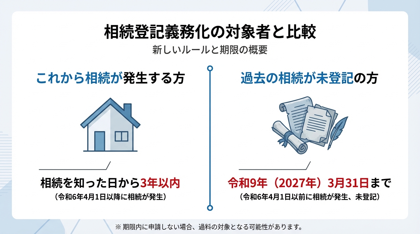 相続登記義務化の対象範囲と期限を示す図解。これから相続する人は3年以内、過去の相続は令和9年3月31日まで。