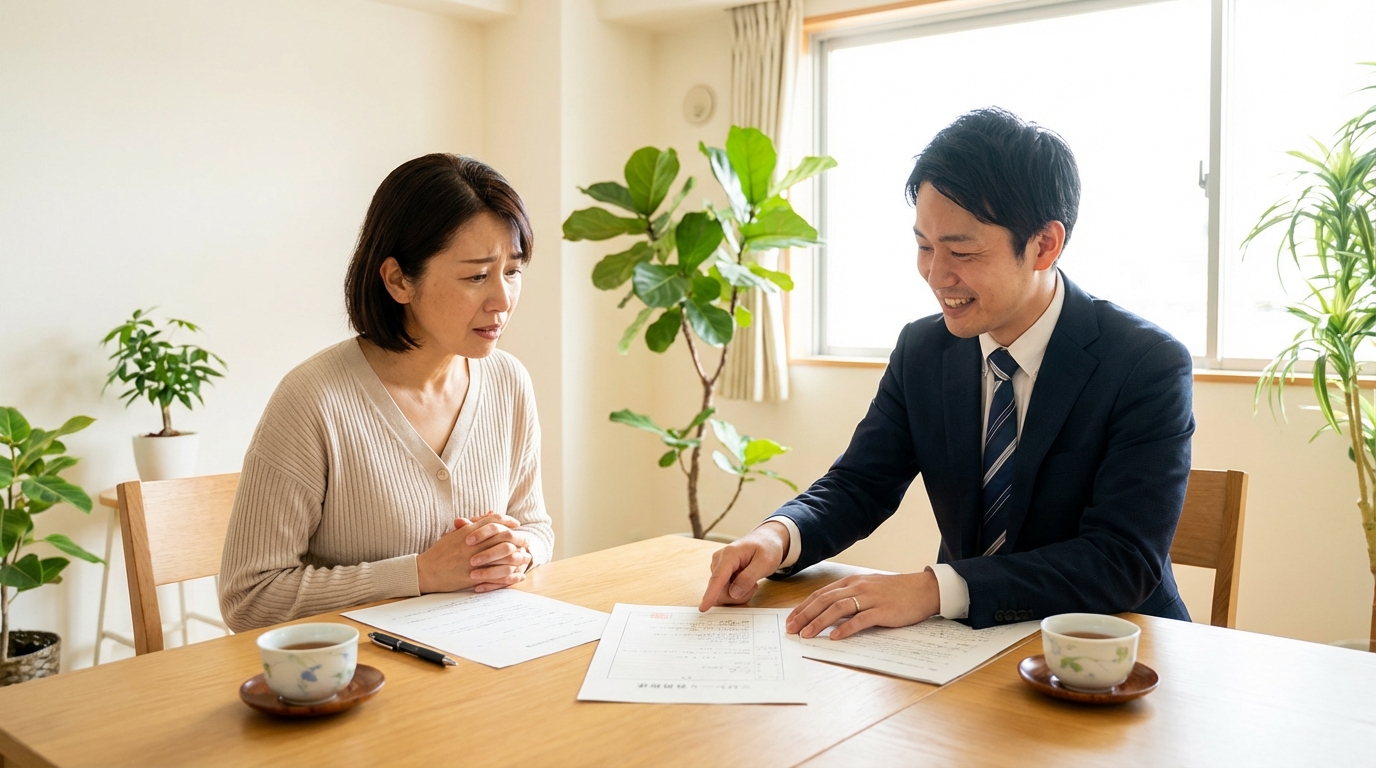 司法書士がマンションの相続登記について相談者に丁寧に説明している様子。専門家によるサポートの安心感を表現。