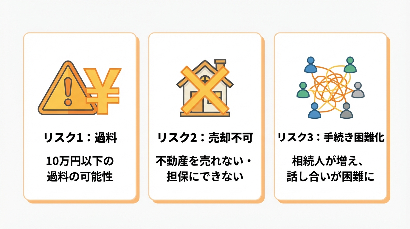 相続登記を放置する3つのリスクを示す図解。過料、不動産の売却不可、相続関係の複雑化。