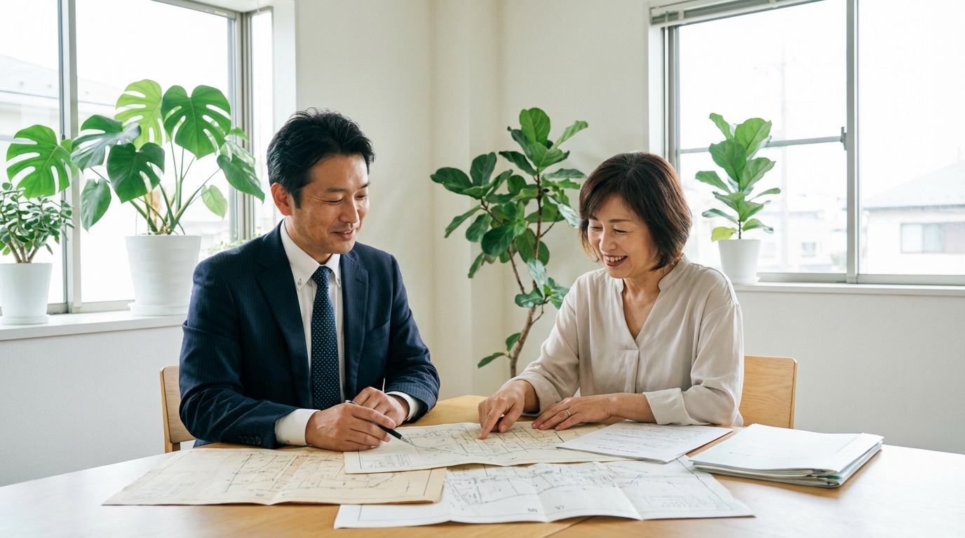 公図を見ながら司法書士に相談する人物。相続不動産の調査について専門家のアドバイスを受けている様子。