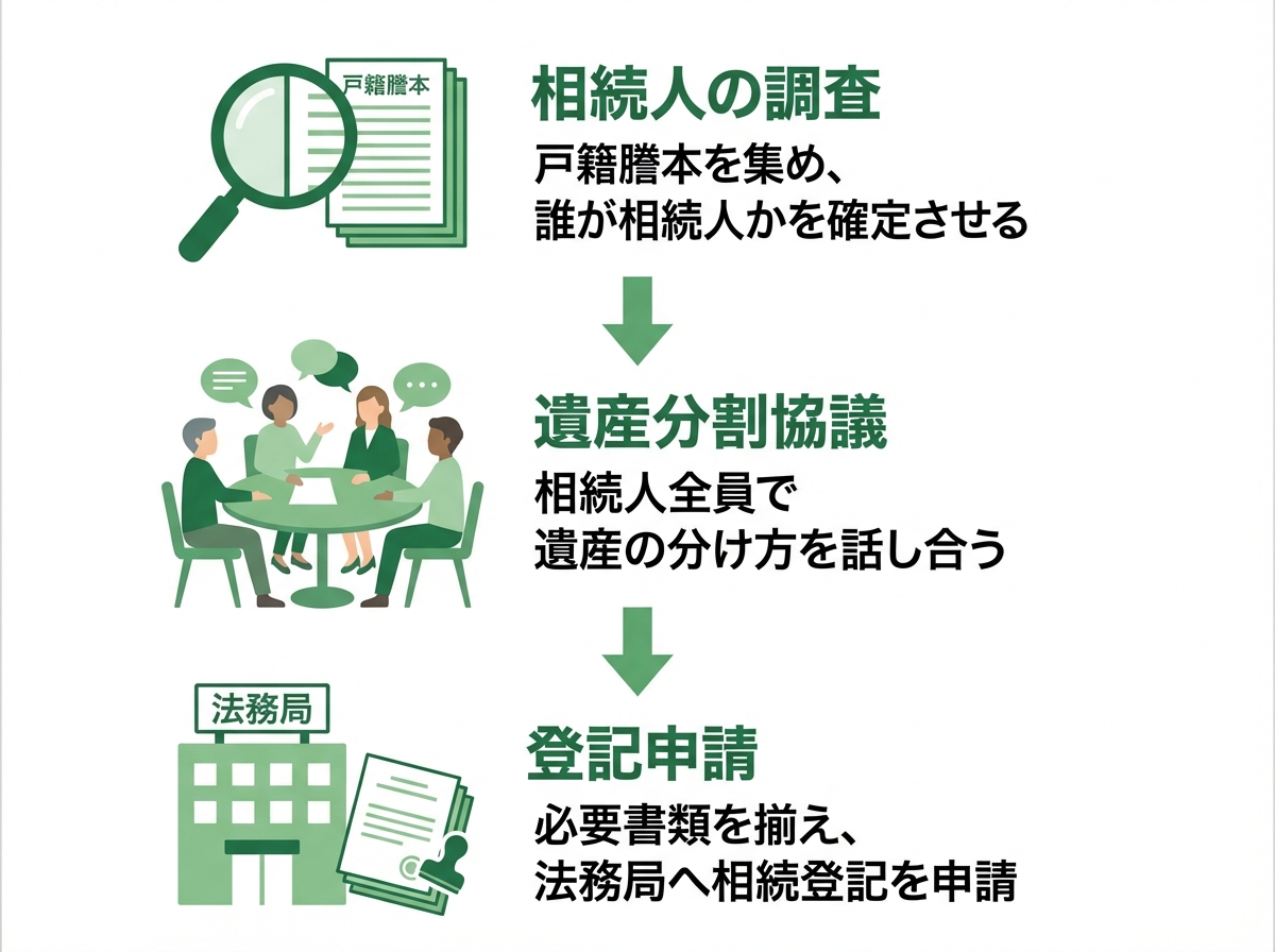 相続登記の手続きの流れを3ステップで解説する図解。相続人調査、遺産分割協議、登記申請の順。
