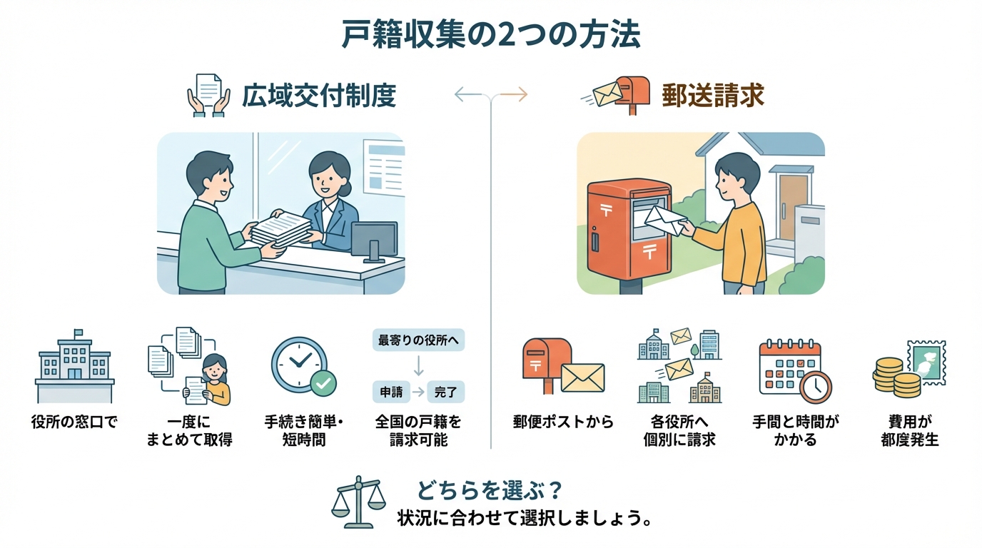 戸籍収集の2つの方法「広域交付制度」と「郵送請求」を比較する図解。広域交付は役所の窓口でまとめて取得、郵送は各役所へ個別に請求するイメージが示されている。
