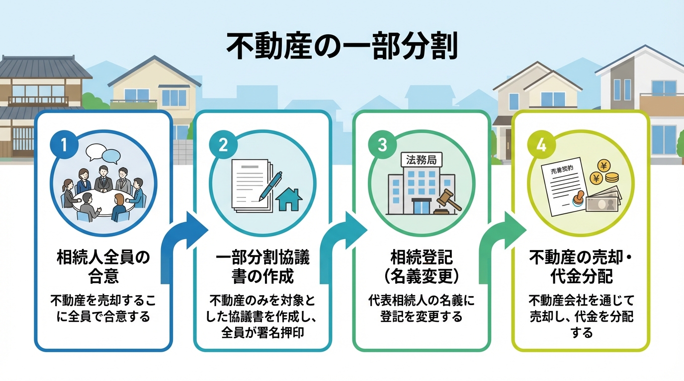 不動産を先行して売却するための一部分割の4ステップを示したフローチャート。相続人全員の合意、一部分割協議書の作成、相続登記、不動産売却という流れを解説している。