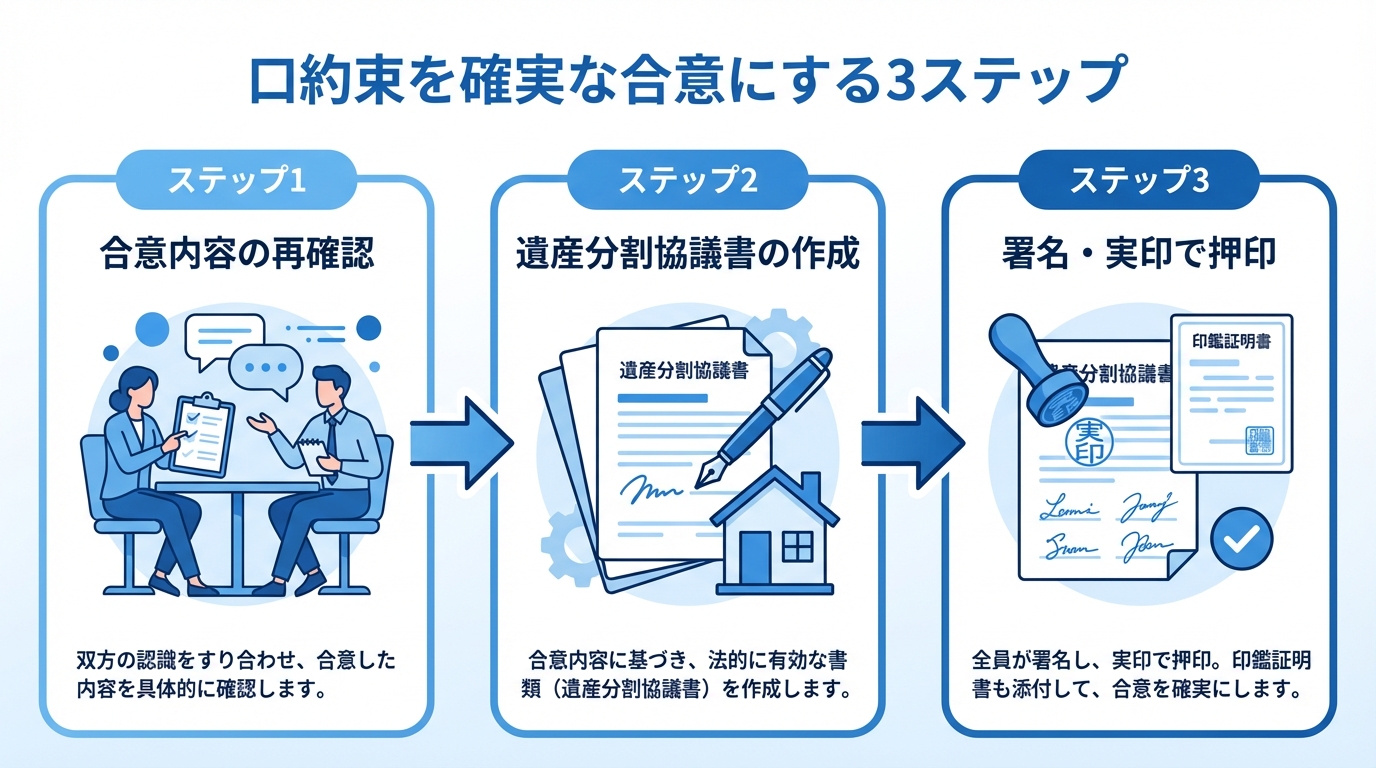 口約束の遺産分割協議を確実なものにするための3ステップを示した図解。合意内容の再確認、遺産分割協議書の作成、署名押印の流れ。