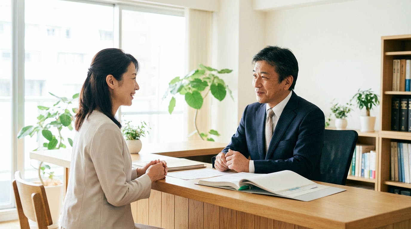 司法書士に相続の相談をし、安心した表情を浮かべる女性。専門家に依頼することで精神的な負担が軽減されるイメージ。