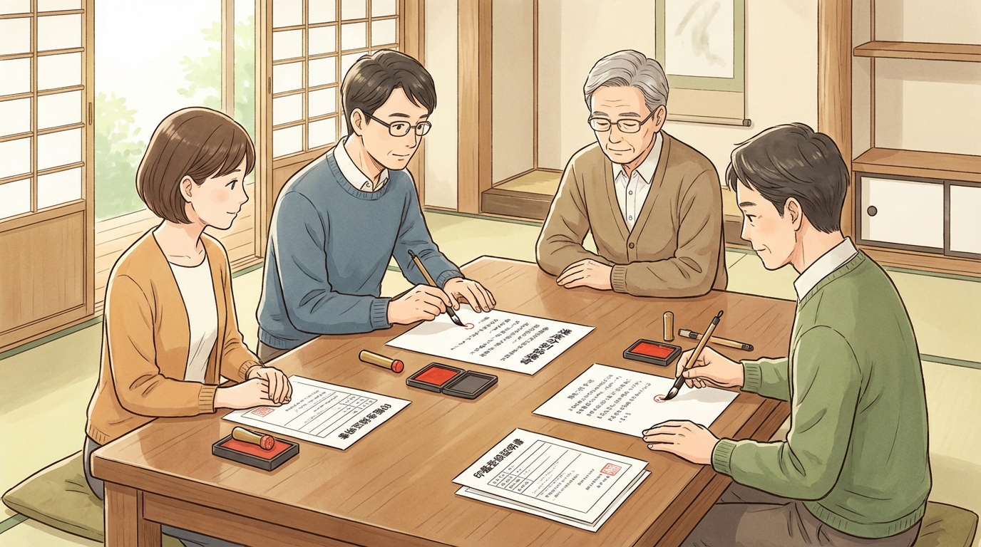 相続人たちが遺産分割協議書に実印で押印しているイラスト。手続きの重要性が伝わるシーン。