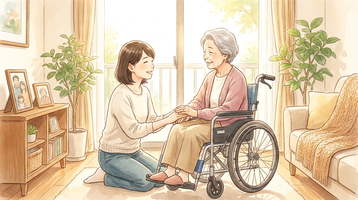 長年にわたり親の介護をする女性のイラスト。相続における寄与分の具体例を示しています。