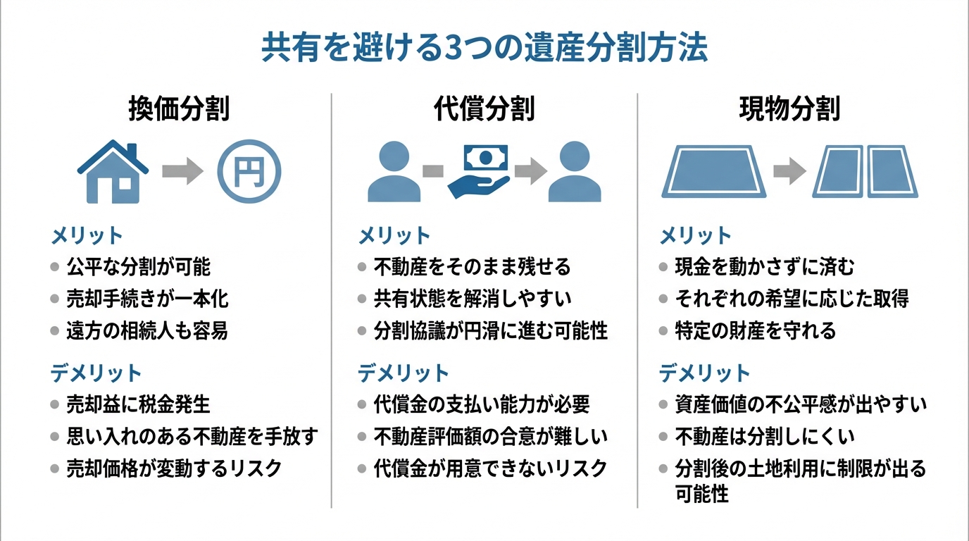 不動産の共有を避けるための遺産分割方法「換価分割」「代償分割」「現物分割」の3種類を比較した図解