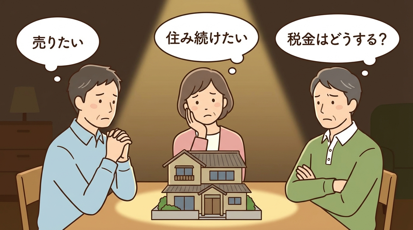 家の模型を前に、売却や税金のことで意見が合わず悩む相続人たちのイラスト